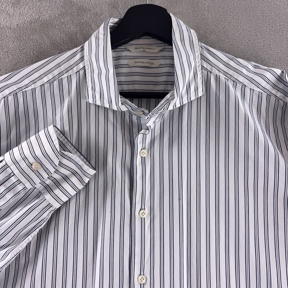SuitSupply Button Down Shirt Mens Size 43/44 Blue White Stripe Slim Fit Dress